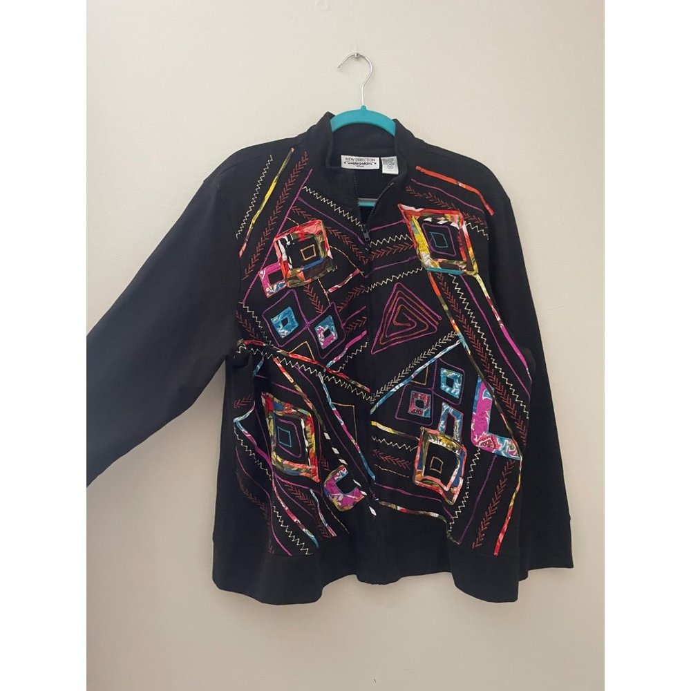 New Direction 3XL Black Multicolored Embroidered Zip Up Jogger Style Jacket